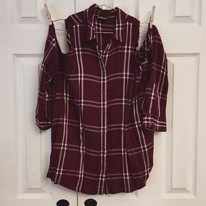 Express Cold Shoulder Flannel, Plaid Button-down Shirt. Size: M
